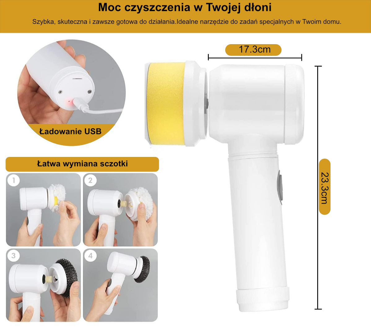 Bezprzewodowy Elektryczny Spin Scrubber 2025 – Zestaw z 5 Szczotkami, Wodoodporny IPX7, Akumulatorowy Czyścik do Łazienki i Kuchni